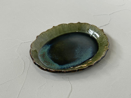 【村澤陶苑 村澤享】 青銅釉稜花楕円皿 B/HK00532