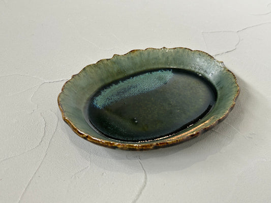 【村澤陶苑 村澤享】 青銅釉稜花楕円皿 C/HK00532